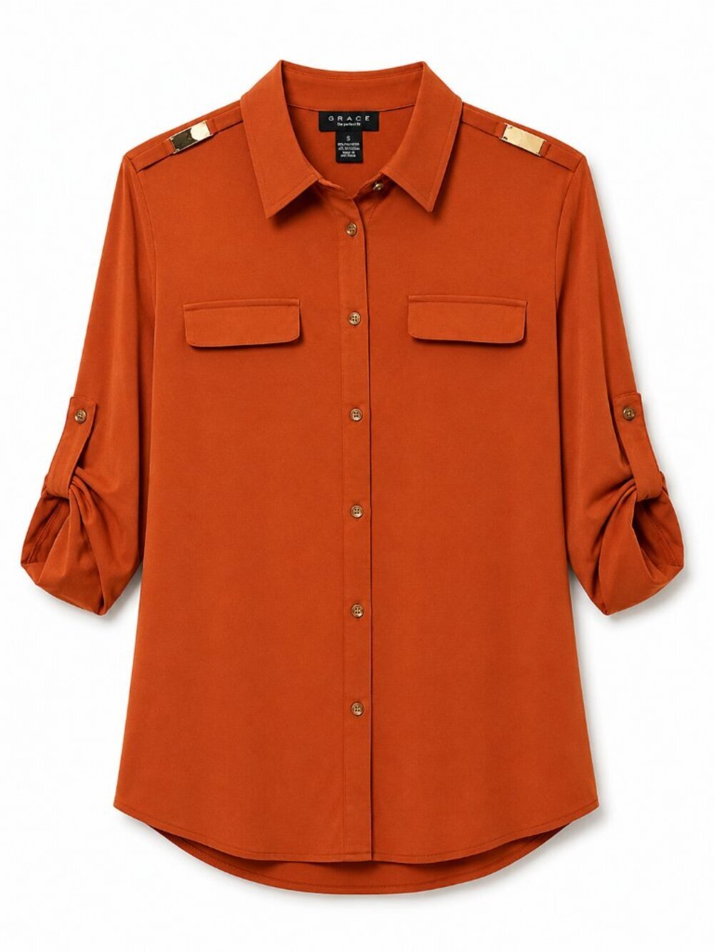 Grace Rust Satin Button Down Top Size M NWT Classic Collared Blouse